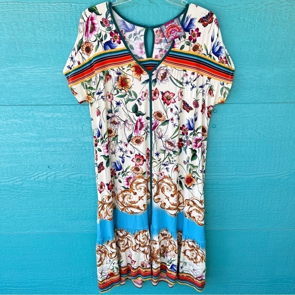 JOHNNY WAS MIDI DRESS MIXED PRINT SHORT SLEEVES SIZE MEDIUM EUC - Picture 4 of 10